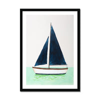 Framed artwork of a boat with blue sails on a light background