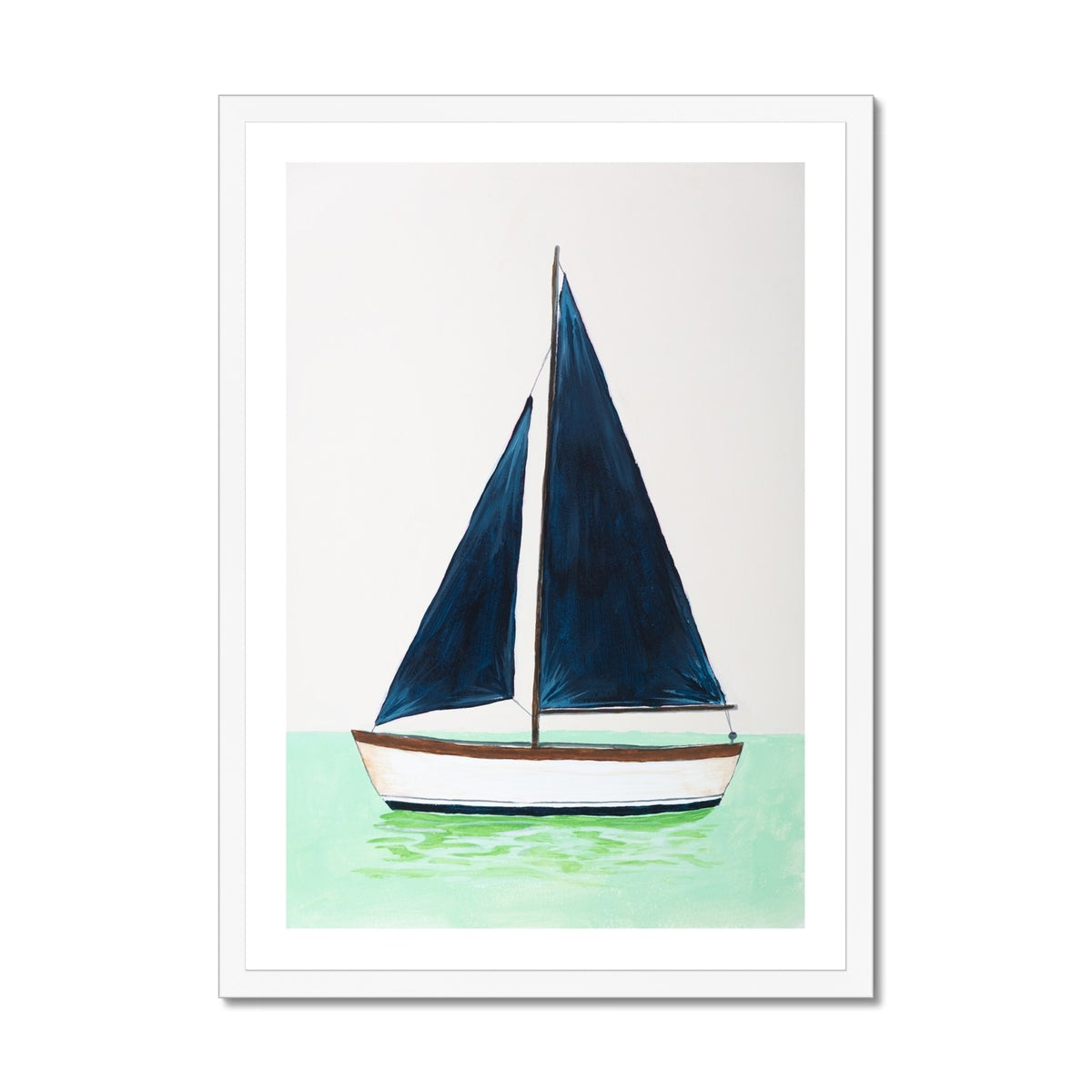 Framed artwork of a sailboat with blue sails on a light green background