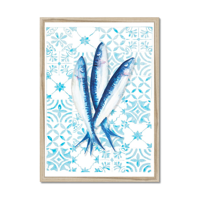 Framed artwork of three blue sardine fish on a white background with blue patterns