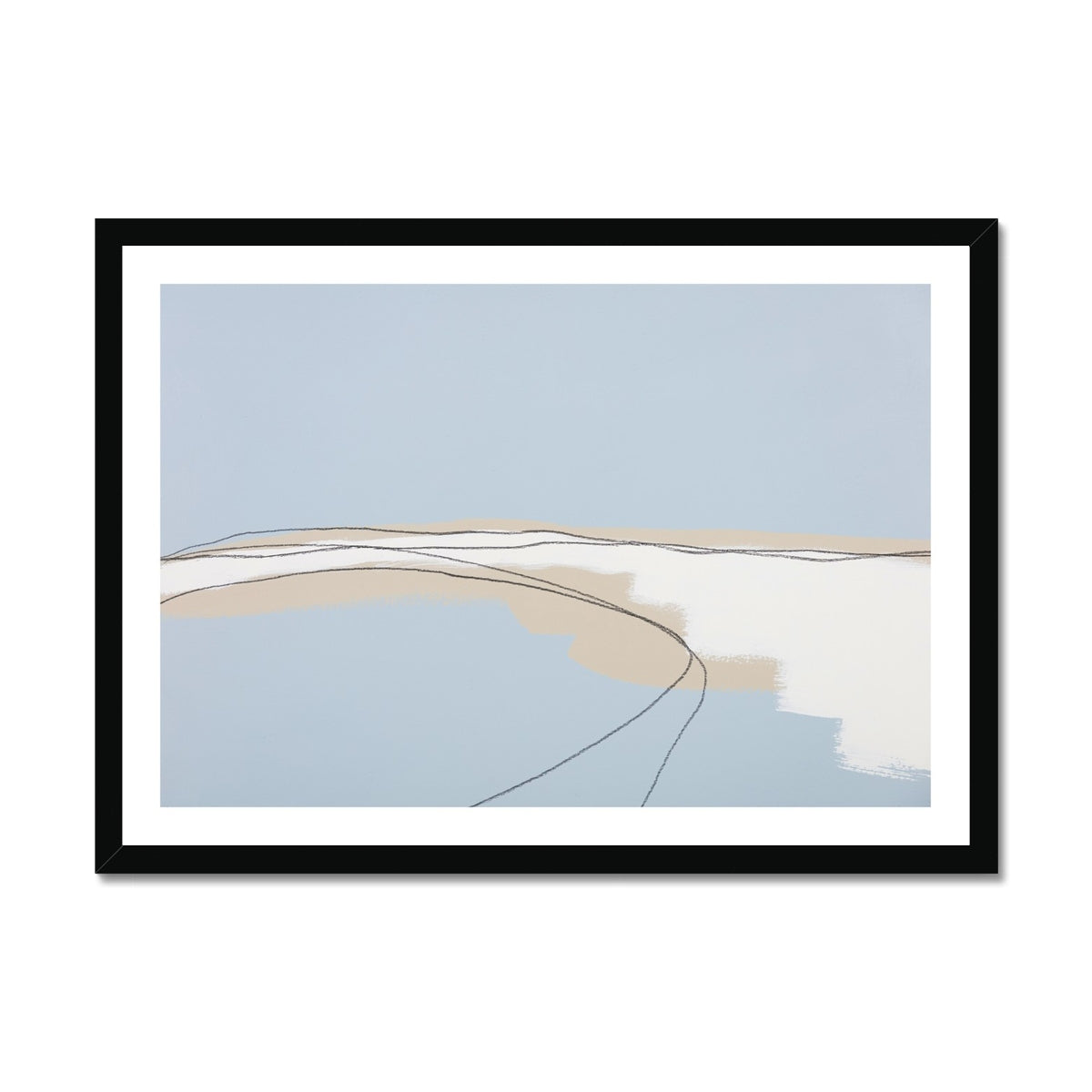 Framed abstract seascape art print with wavy lines on a light blue background. 