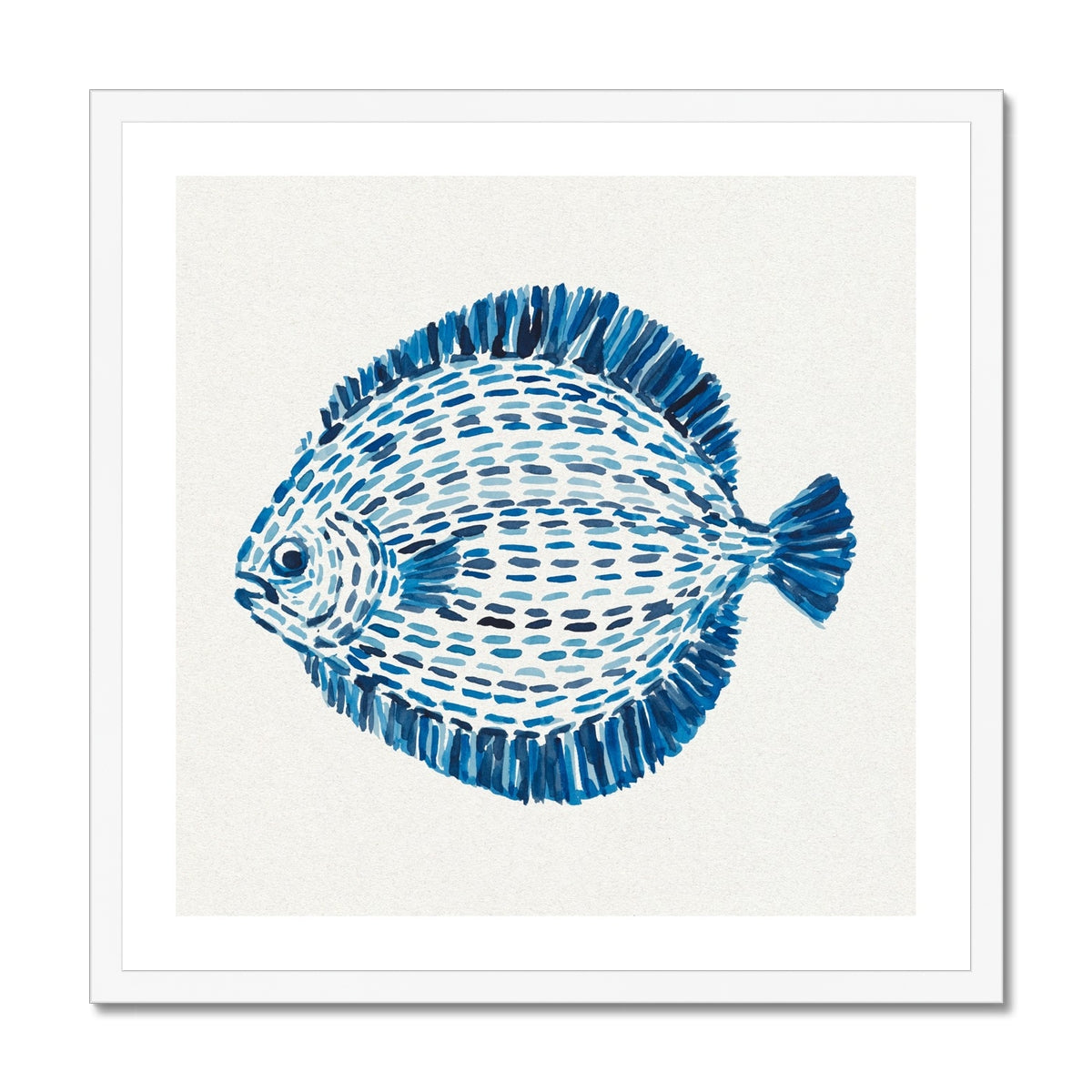 Framed artwork of a blue and white fish illustration on a white background