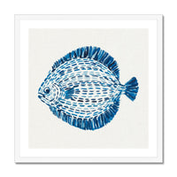 Framed artwork of a blue and white fish illustration on a white background