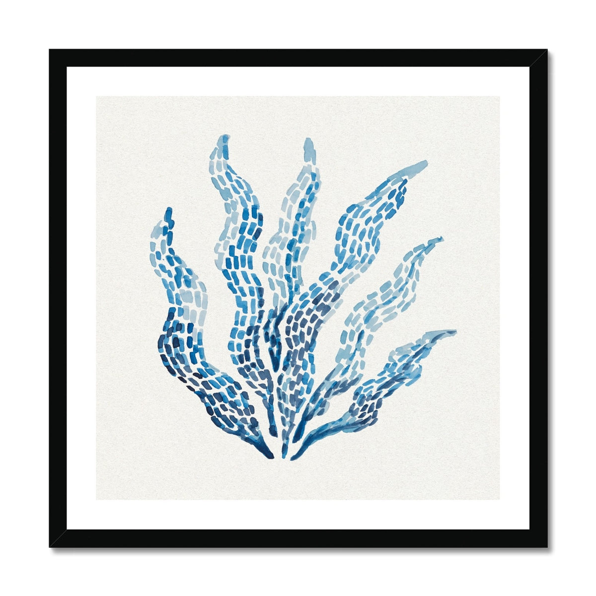 Framed artwork of blue abstract seaweed design on a white background. Seaweed painting with layered blue brushstrokes on a neutral background, contemporary coastal wall art