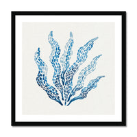 Framed artwork of blue abstract seaweed design on a white background. Seaweed painting with layered blue brushstrokes on a neutral background, contemporary coastal wall art