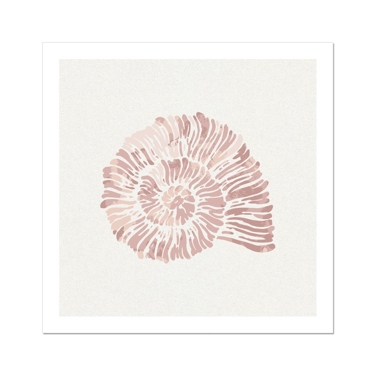 A framed art print of a dusty pink spiral shell on a white background.