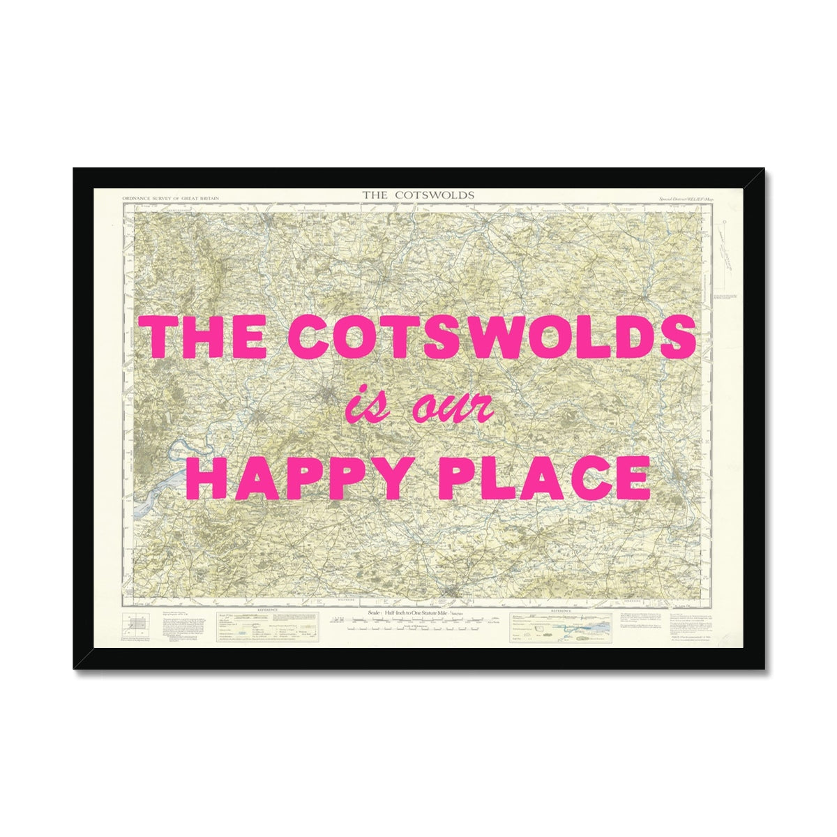 Map print of The Cotswolds with text 'The Cotswolds is our happy place' in pink on a white background