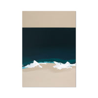 Minimalist sea painting with blue sea, light beige sand, and white waves.