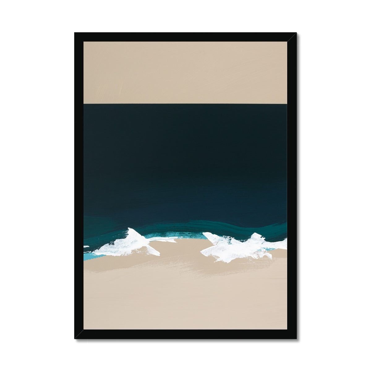 Abstract coastal beach painting with deep navy sea, neutral shoreline and white breaking waves