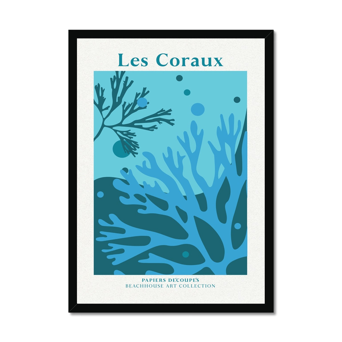 Framed coral art print of an underwater scene with coral and 'Les Coraux' text on a white background