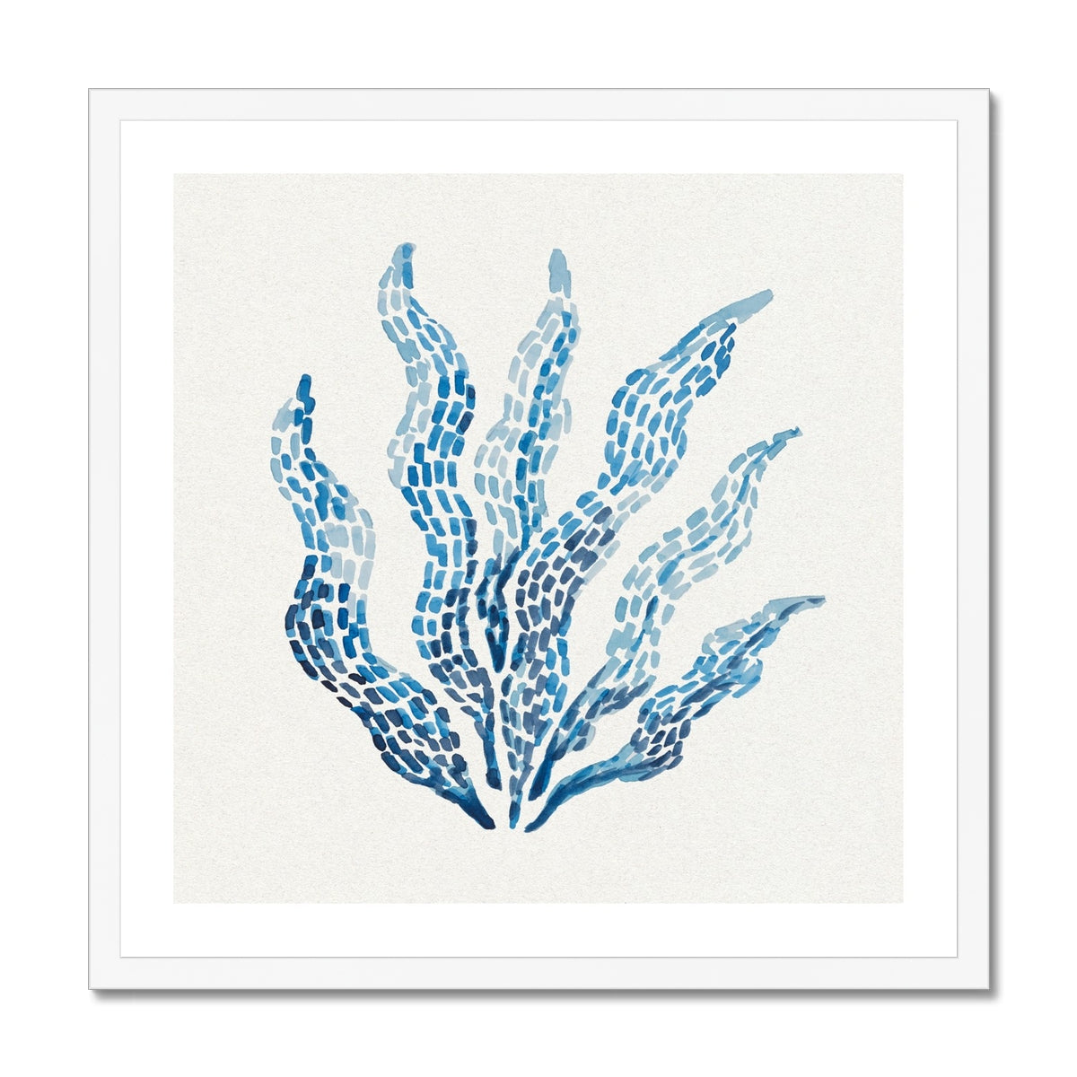 Framed artwork of blue seaweed design on a white background