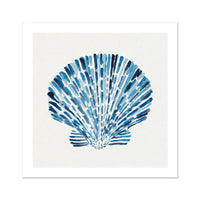 Scallop shell painting with layered blue brushstrokes on a neutral background, contemporary coastal wall art