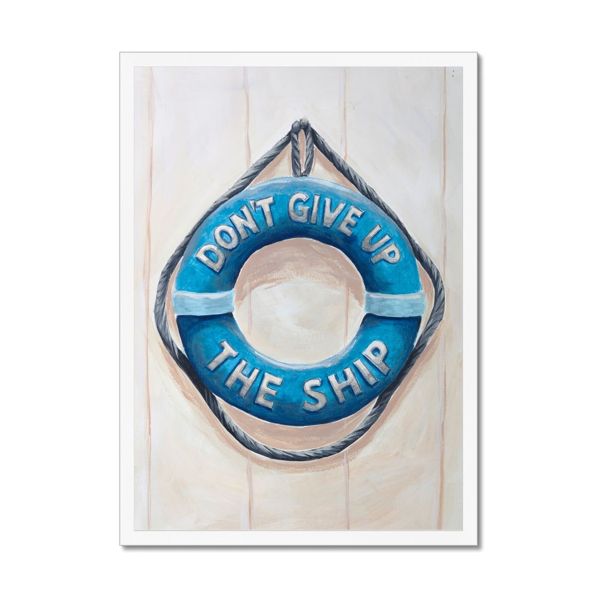Blue life buoy with 'Don't Give Up The Ship' text on a wooden background