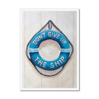 Blue life buoy with 'Don't Give Up The Ship' text on a wooden background
