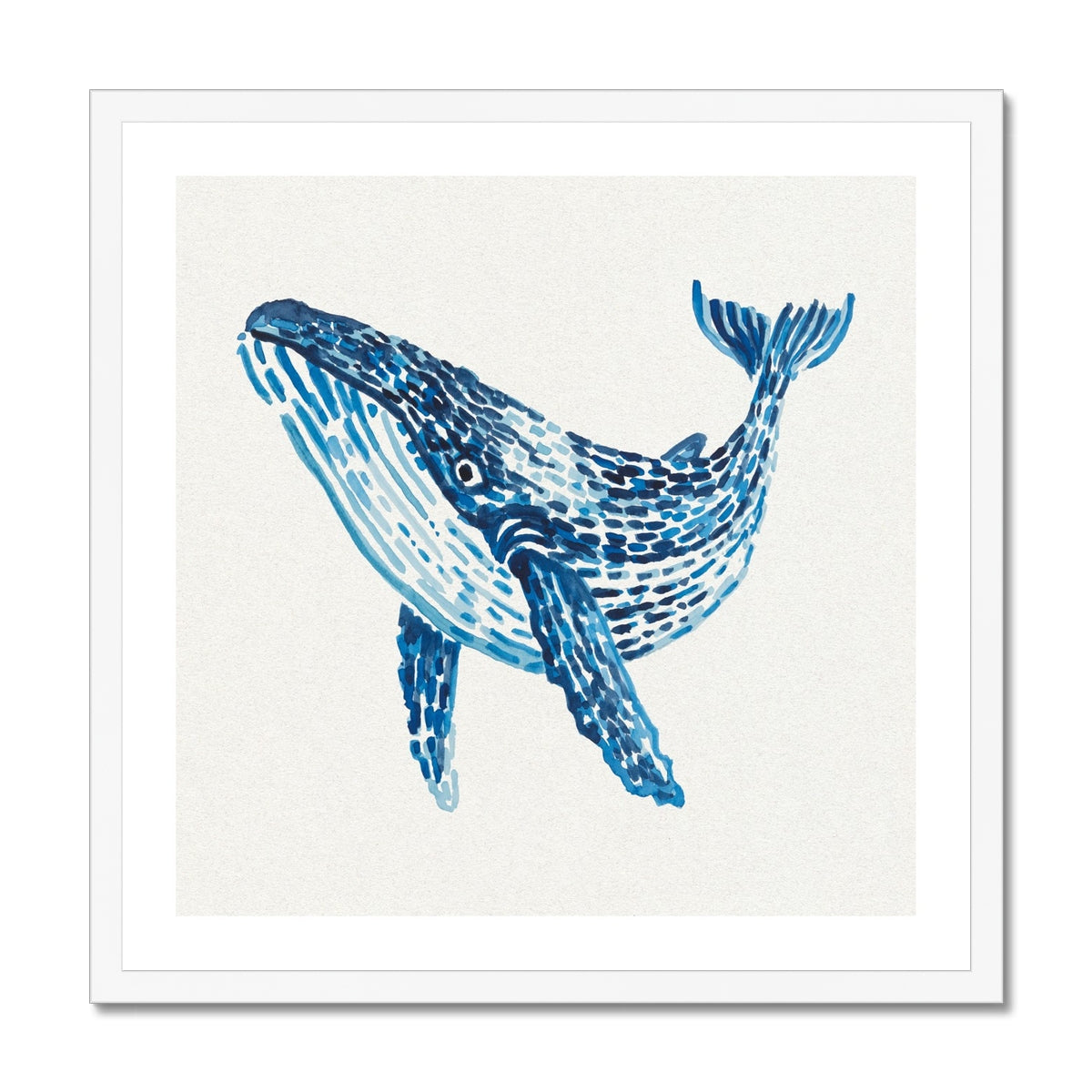Framed artwork of a blue whale on a white background