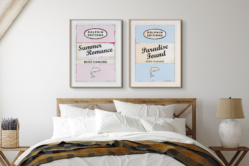 Set of two framed bedroom art prints above bed - Book art prints in blue in bedroom - framed coastal bedroom wall art
