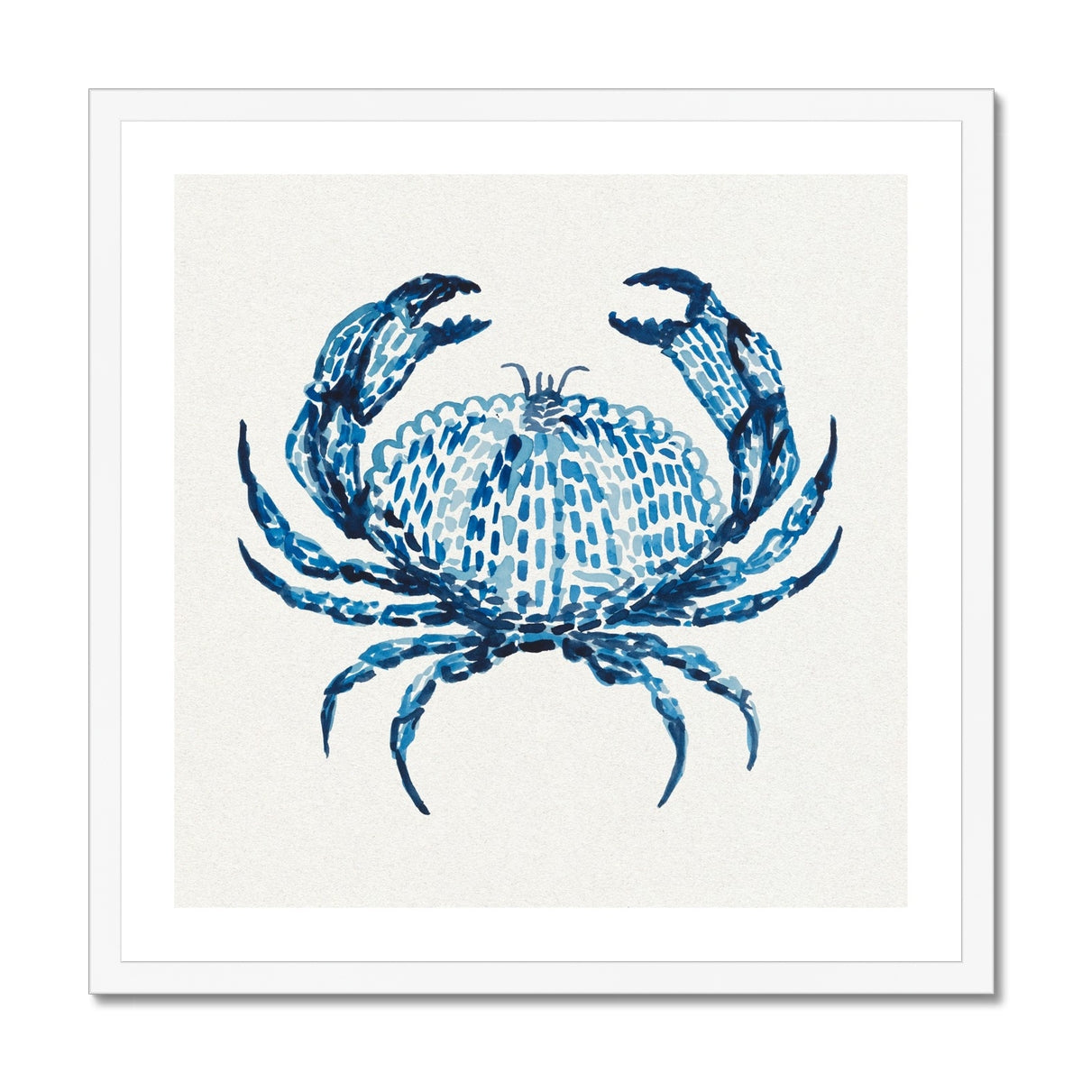 Framed blue crab art print on a white background