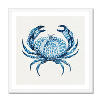 Framed blue crab art print on a white background