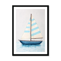 Framed artwork of a sailboat with striped sails on a light gray background