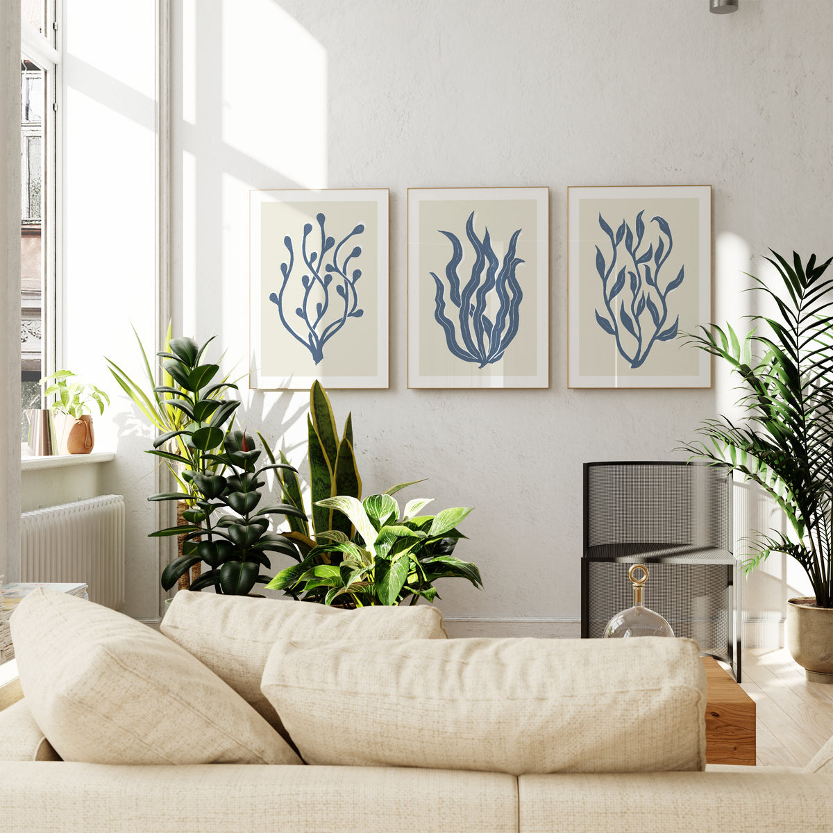 Set of Three abstract indigo Lino Cut seaweed prints - Framed