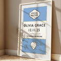 Custom baby name print - newborn baby gift - Framed poster with 'Olivia Grace' and a date on a wall.