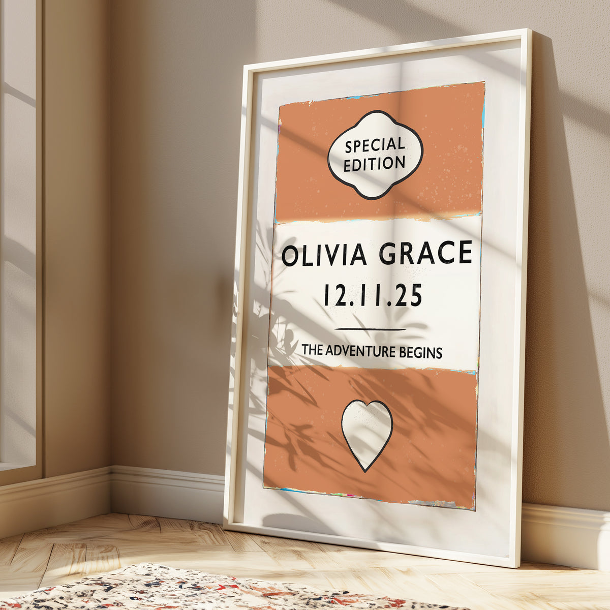 Framed personalised baby name print poster with personalised text on a wall