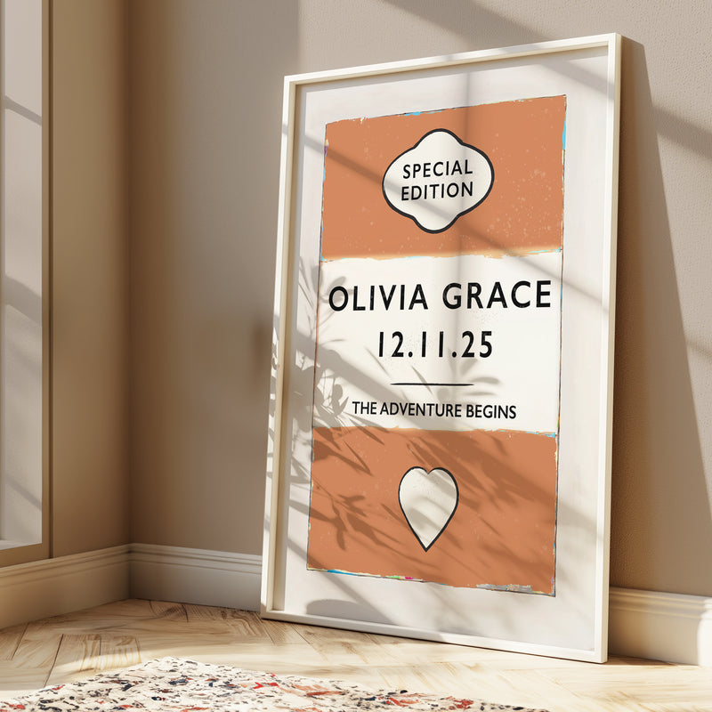 Framed personalised baby name print poster with personalised text on a wall