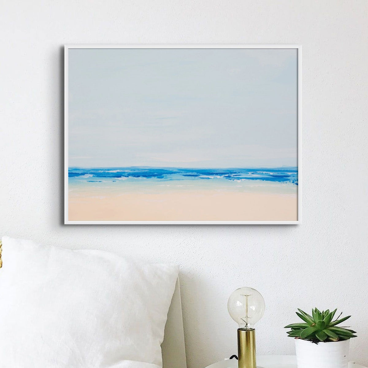 Beach On a Clear Day | Blue Sea Painting - Unframed Wall Art
