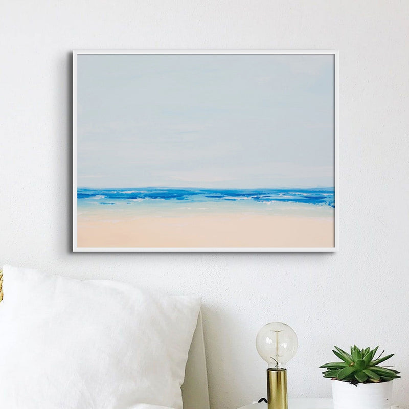 Beach On a Clear Day | Blue Sea Painting - Framed Canvas