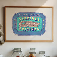 Sardine Painting | Blue & Aqua Tin of Sardine Print | Colourful Kitchen Art - Unframed