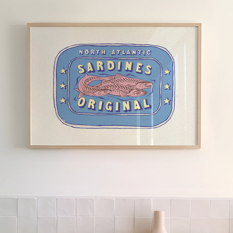 Sardine Painting | Cornish Blue Tin of Sardine Print | Colourful Kitchen Art - Unframed