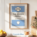 Personalised family name print - Framed artwork with 'The Harris Family' title on a wall with decor elements.