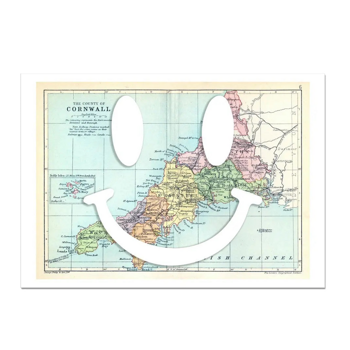 Cornwall Makes Me Happy White (Cornwall Map) Vintage Map Art - Unframed
