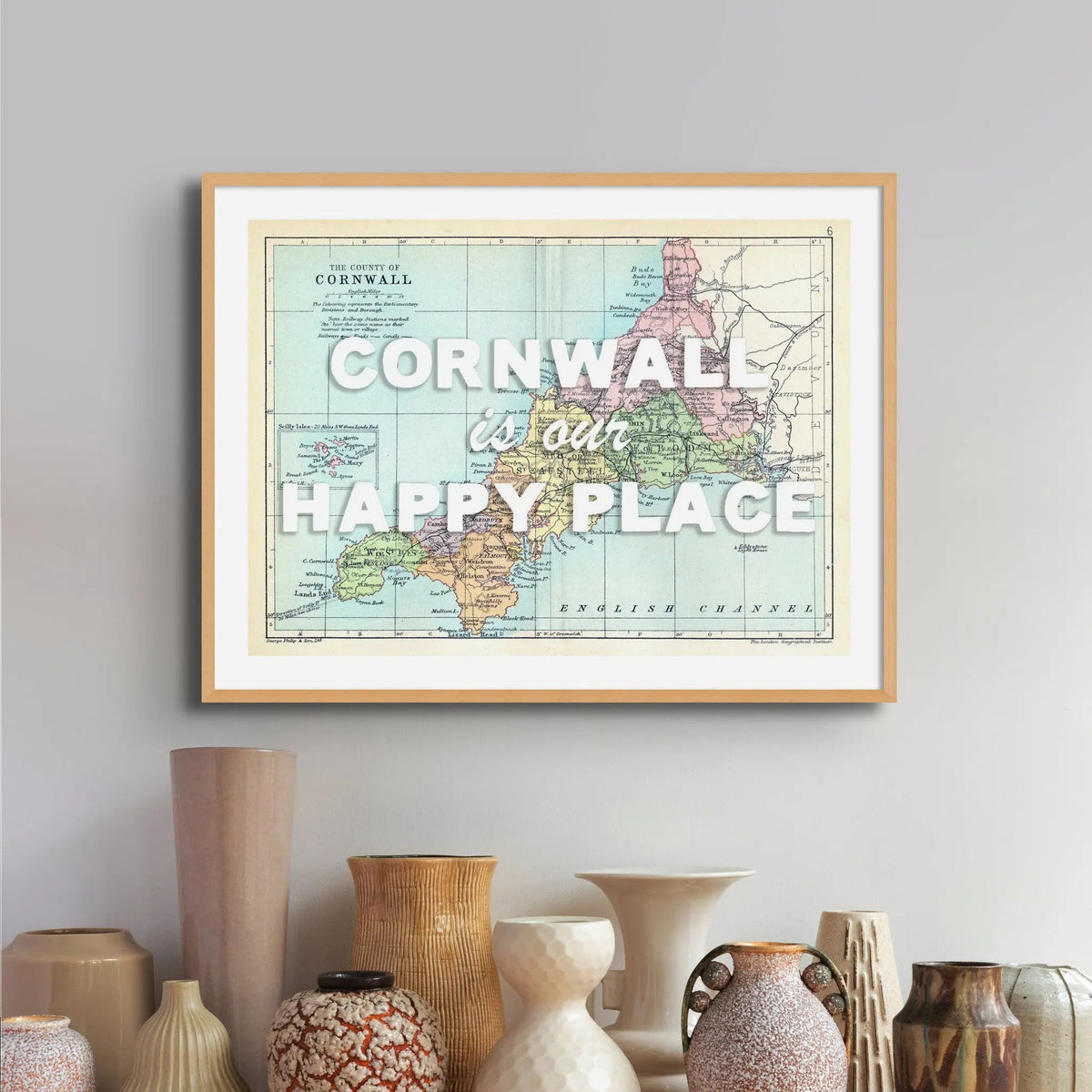 Our Happy Place Map Print | White Font | Choose Your Location - Framed Beach House Art