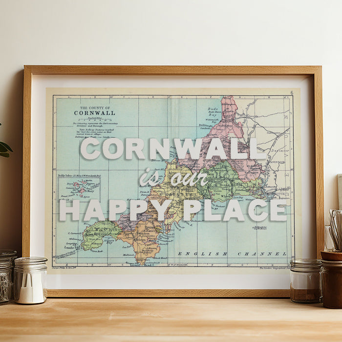 Cornwall is Our Happy Place Print with White Font | Cornwall Map Print- Framed