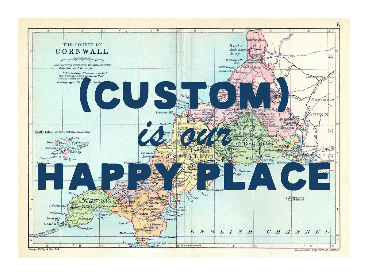 Custom Map - Our Happy Place Map - Blue Font - From £18 Beach House Art
