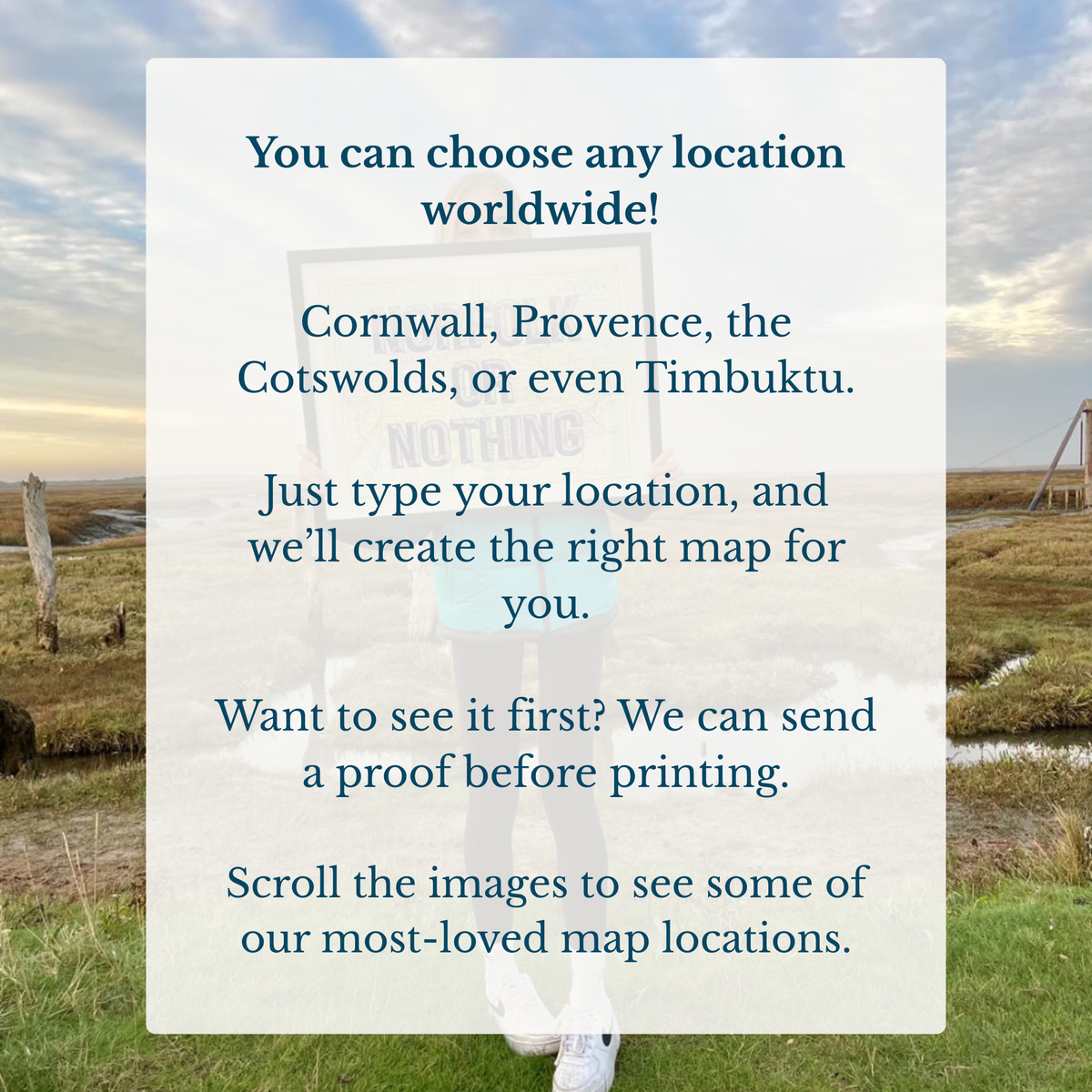 custom map print explanation text overlay on a scenic landscape with a person standing in a field.