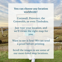 custom map print explanation text overlay on a scenic landscape with a person standing in a field.