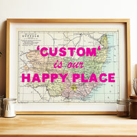 Custom Map Print for Any Location | Personalised Vintage Map Print | Pink Font