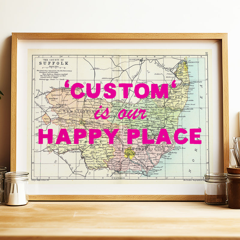Custom Map Print for Any Location | Personalised Vintage Map Print | Pink Font