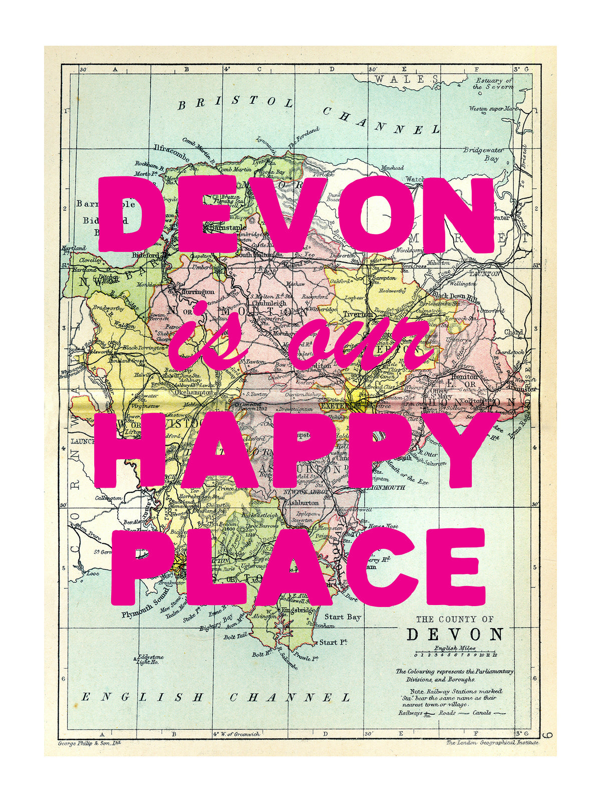 Custom Map Print for Any Location | Personalised Vintage Map Print | Pink Font