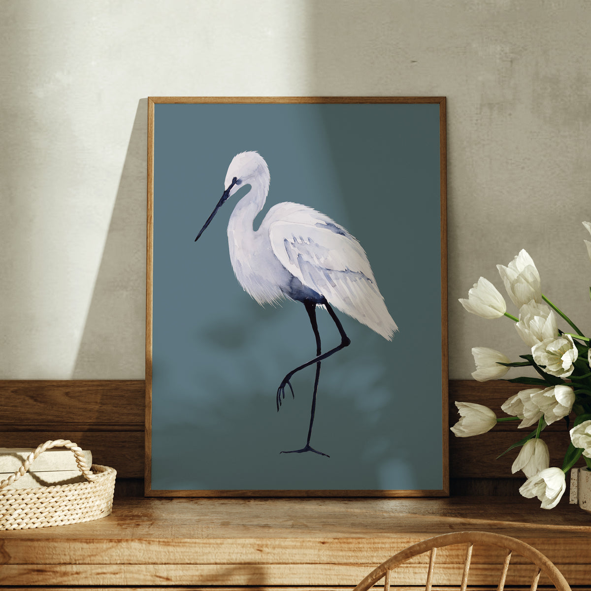 White Egret Stalking | Stone Blue | Bird Art Print - Unframed
