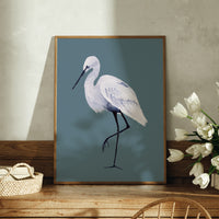 White Egret Stalking | Stone Blue | Bird Art Print - Unframed