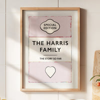 Personalised family name print - Framed print titled 'The Harris Family' on a kitchen counter with a bowl of lemons and a vase.
