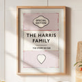 Personalised family name print - Framed print titled 'The Harris Family' on a kitchen counter with a bowl of lemons and a vase.