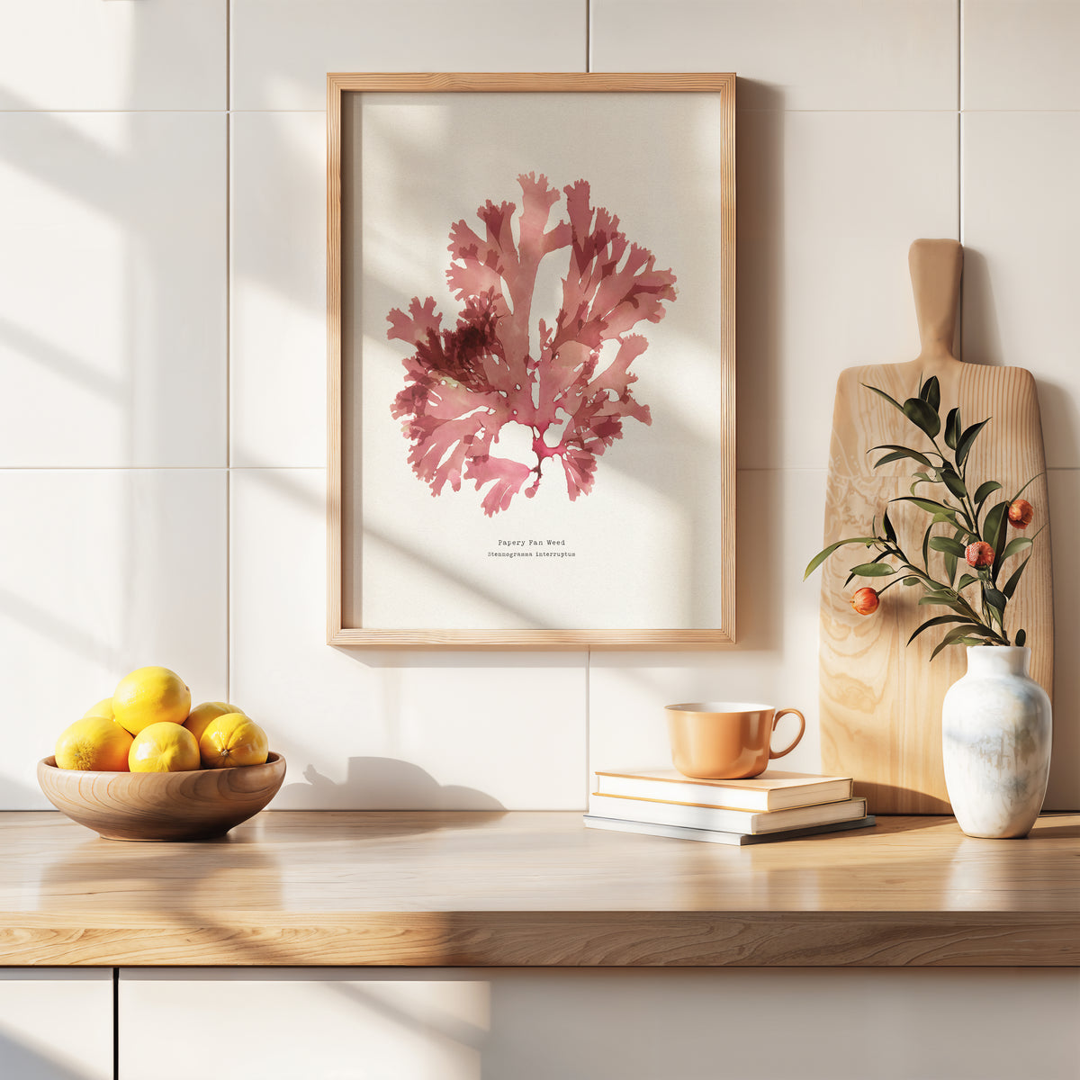 Framed pink pressed seaweed art print on a wall above a wooden shelf with a bowl of lemons, books, and a vase.