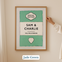 Personalised wedding/engagement print. Couple Print. Framed artwork with 'Sam & Charlie' text and heart design on a beige wall.