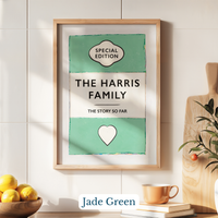 Personalised family name print - Framed artwork with 'The Harris Family' design on a wall with decor elements.