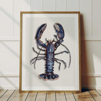 lobster art print - painting of a lobster framed in a natural wood frame ready to be hung as kitchen art