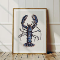 lobster art print - painting of a lobster framed in a natural wood frame ready to be hung as kitchen wall art
