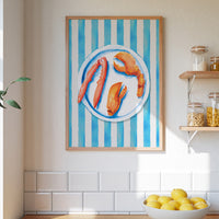 Lobster Painting on Blue Stripe | Kitchen Wall Art - Framed
